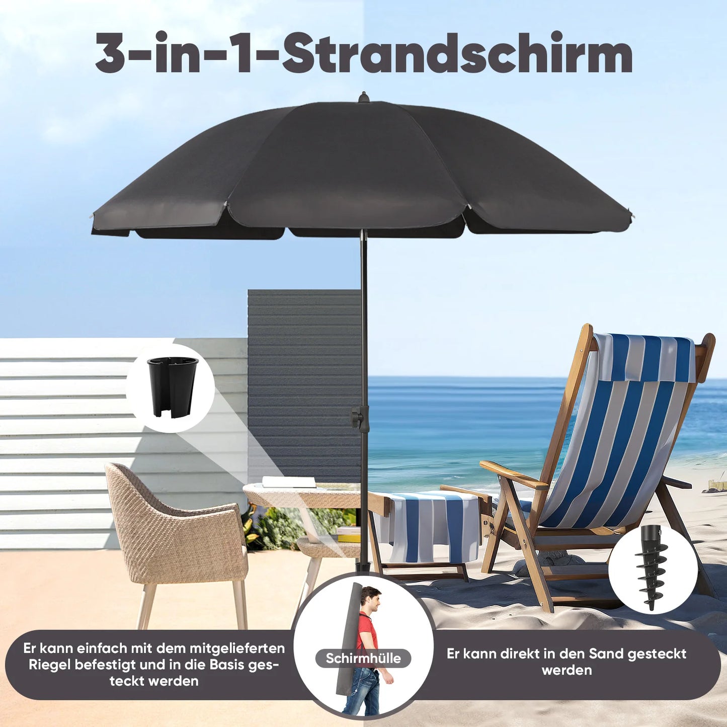 Sunula 180 cm Sonnenschirm Balkon mit Bodenhülse & Schutzhülle, Neigungs und Höhenverstellung, Sonnenschirm Strand für Garten