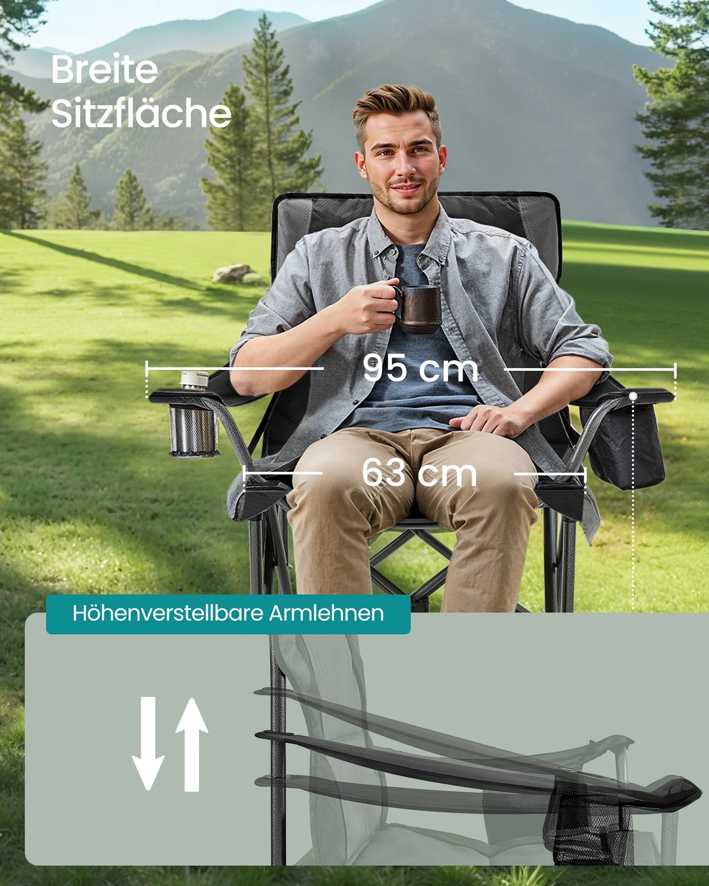 ONGMICS Faltbarer Campingstuhl – Extra Breit, Gepolstert & Mit Kühltasche | 205 kg Tragkraft
