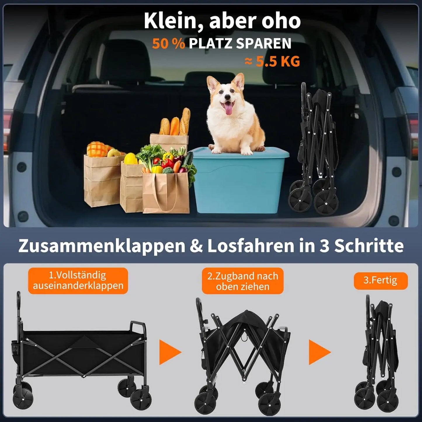 220L Foldable Hand Cart, 172 Kg Load Capacity, Foldable Hand Cart With 360° Rotatable Wheels, Garden Cart For Camping, Picnic