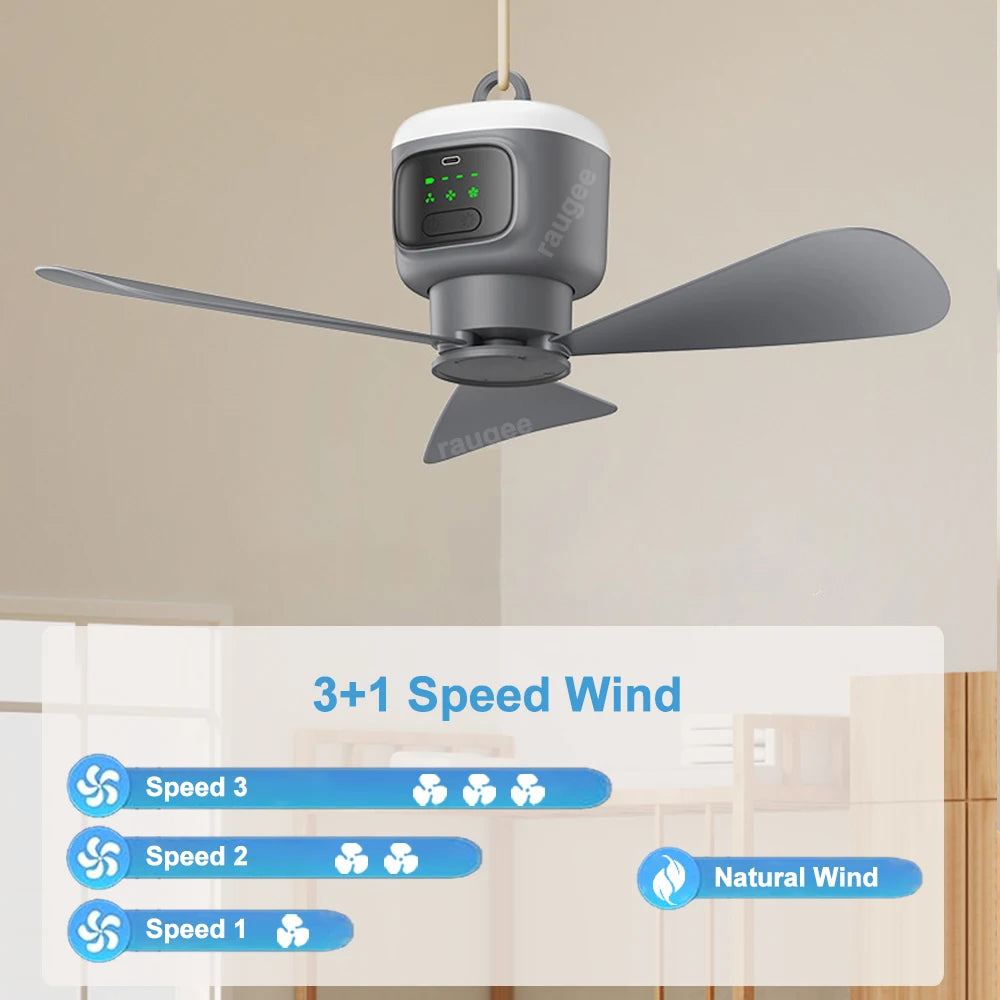 Akku-Deckenventilator mit Fernbedienung & LED – für Camping, Zelt & Zuhause