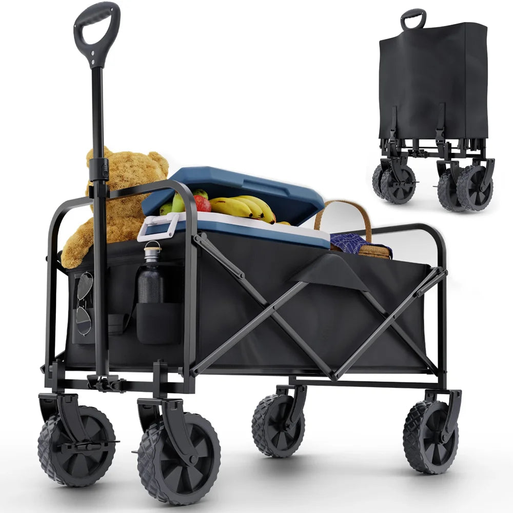 Folding Garden Trolley Handcart Cart with 4 Wheels for Camping Beach Garden Shopping Cart Telescopic Handle Camping Cart
