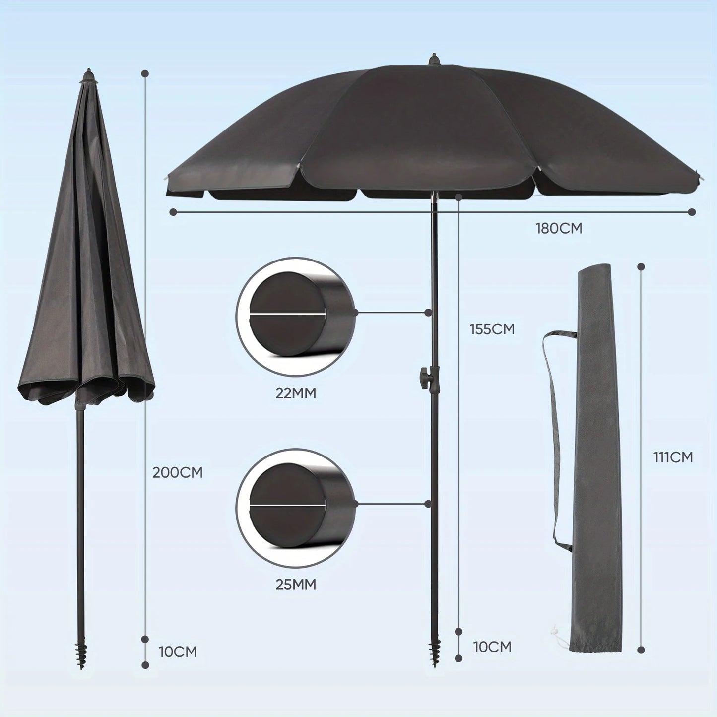 Sunula 180 cm Sonnenschirm Balkon mit Bodenhülse & Schutzhülle, Neigungs und Höhenverstellung, Sonnenschirm Strand für Garten