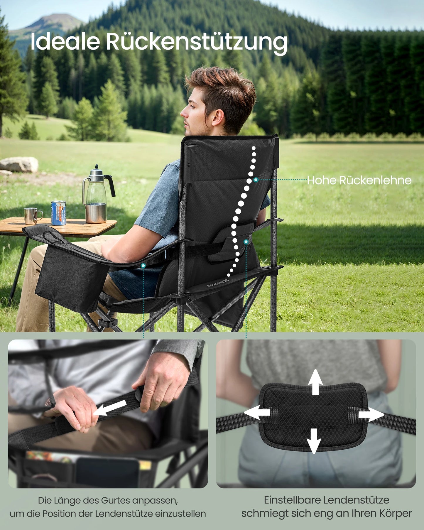 ONGMICS Faltbarer Campingstuhl – Extra Breit, Gepolstert & Mit Kühltasche | 205 kg Tragkraft