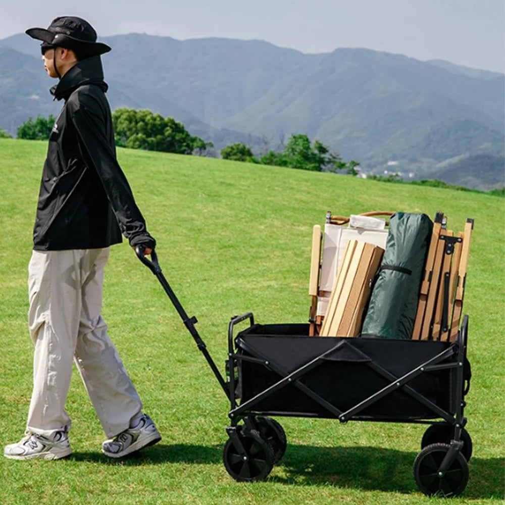 Folding Garden Trolley Handcart Cart with 4 Wheels for Camping Beach Garden Shopping Cart Telescopic Handle Camping Cart