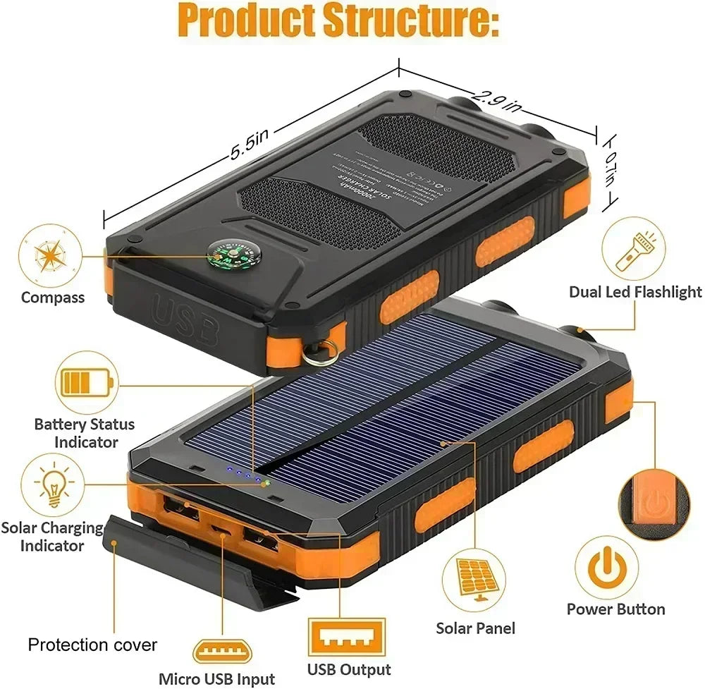 ONEPLUS Solar-Powerbank (verschiedene Größen) – mit LED-Licht, Kompass