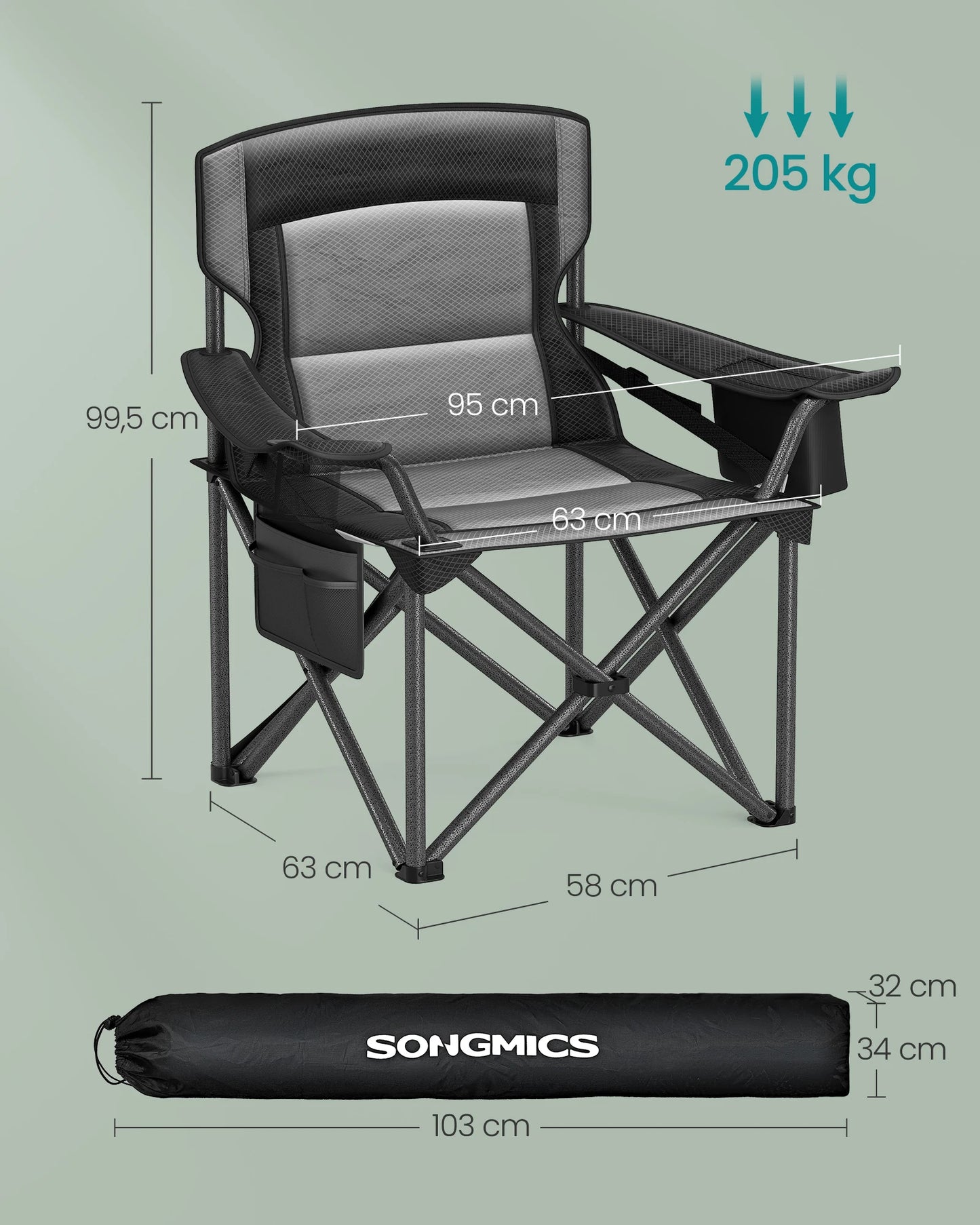 ONGMICS Faltbarer Campingstuhl – Extra Breit, Gepolstert & Mit Kühltasche | 205 kg Tragkraft