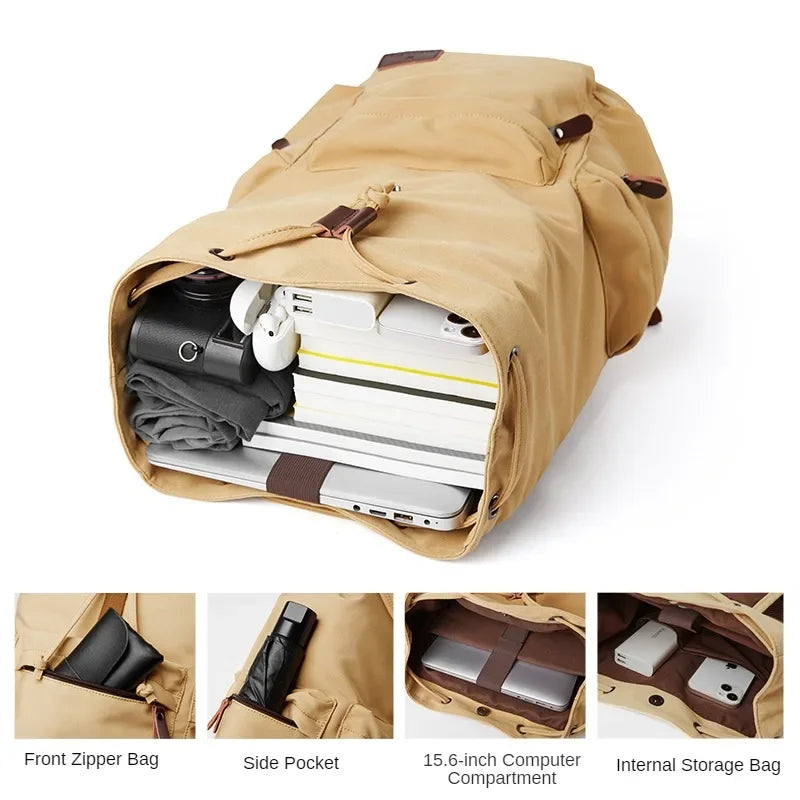 Men Vintage Canvas Large Capacity 15.6inch Laptop Casual Bag For Commuter Travel Premium Durable Unsex Mochila