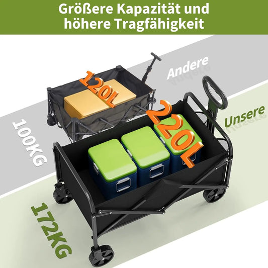 220L Foldable Hand Cart, 172 Kg Load Capacity, Foldable Hand Cart With 360° Rotatable Wheels, Garden Cart For Camping, Picnic